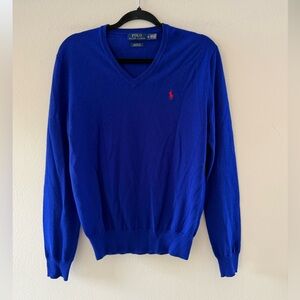 Ralph Lauren Men’s V-Neck Sweater in Cobalt Blue with Red Pony